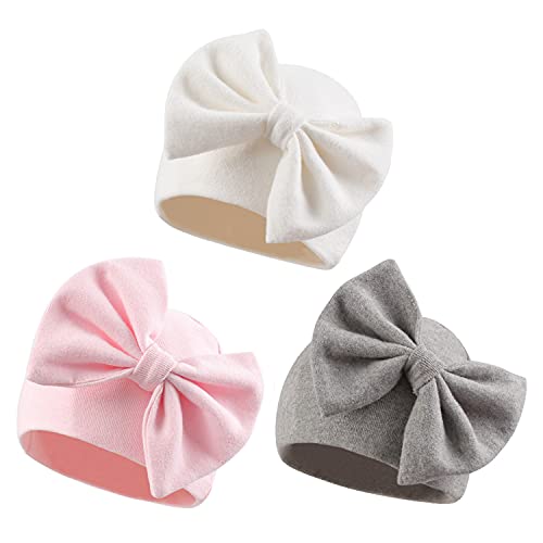 Image of Bamery Newborn Baby Girl Hat Cotton Baby Bow Beanie Preemie Hats Spring Infant Hats for Girls 0-12 Months
