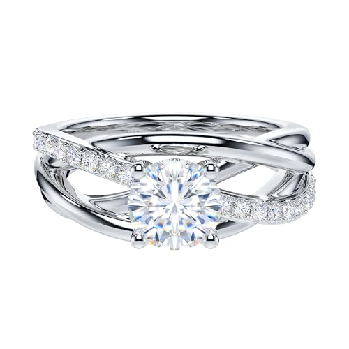 THELANDA Genuine Moissanite or Simulated 1CT Diamond Sterling Silver Crossover Vine Split Intertwine Shank Promise Ring Engagement Ring