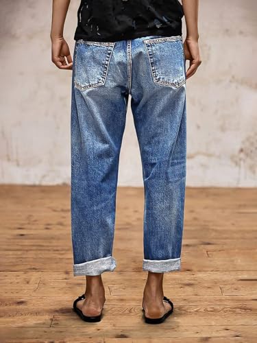 Flamingals Straight Leg Jeans for Women Boyfriend Mid Rise Roll Hem Wash Cropped Denim Pants Without Belt2