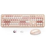 HotFox Kabellose Tastatur und Maus, Retro-Tastatur mit runden Tastenkappen, ergonomisches Design für Windows-PC, Zuhause und Büro, Braun