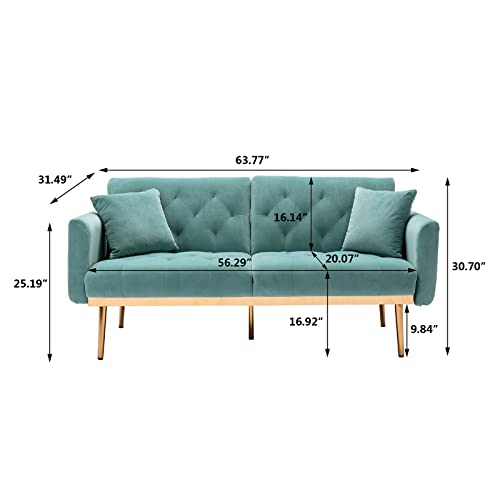 Convertible Velvet Futon Sofa Bed, Upholstered Loveseat Sleeper Couch With 3 Reclining Angles And 2 Pillows, Modern Living Room Sofa Couch With 5 Solid Metal Legs For Guest Room, Office, Mint Green #TOP1
