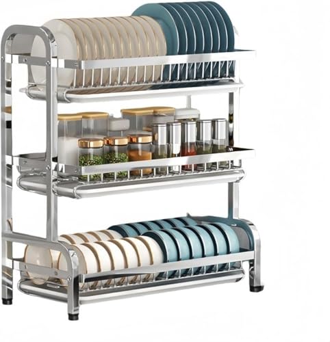 【Yecox水切りラック 水切りかご 食器乾燥ラック ディッシュラック キッチン収納ラック キッチン収納棚 2/3 段 シンク上 横置き 自然乾燥可能 大容量 強力耐荷重 滑り止め 組み立て簡単 省スペース 水が流れる 使いやすい (3層長さ53CM)
