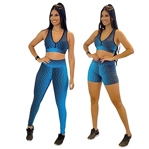 Conjunto 3 Pçs Roupa Academia Calça Shorts Top Nadador (Azul, M)