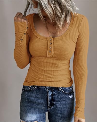 Image of KINLONSAIR Women Long Sleeve Henley Shirts Scoop Neck T-shirt Basic Tops