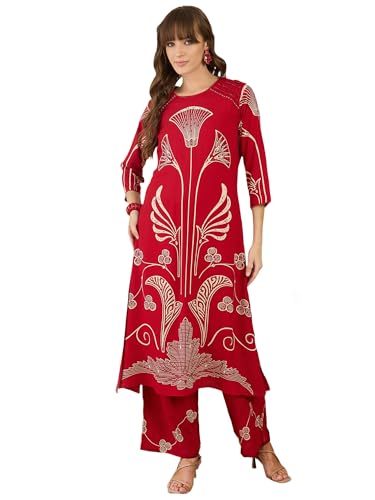 Image of INDO ERA Women's Straight Viscose Rayon Ethnic Motifs Printed Kurta & Palazzo Set (IESTR10489)