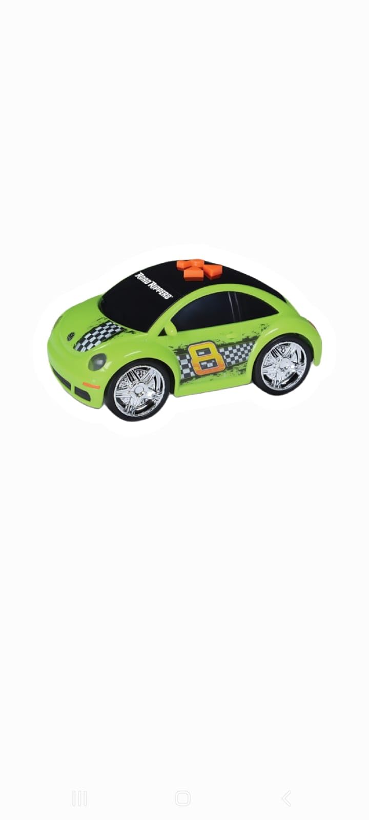 Toy Race Car, Green with Black Roof, Beetle Style, Racing Theme with Checkered Flag Design, New with slightly damaged box
