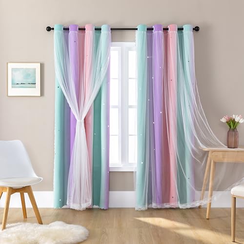 XIDI Girl Bedroom Curtains, 2 Panels Kids Room Blackout Curtains,Unicorn Wall Decoration Pink/Green/Purple 132cmx183cm