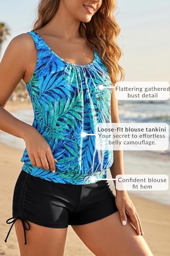 Image of Yonique Blouson Tankini Swimsuits for Women 2 Piece Bathing Suits Tops with Boyshorts Modest Loose Fit Swimwear