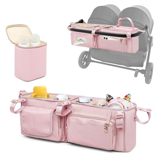 Image of Prokva Double Stroller Organizer Compabitle with BOB Duallie and Baby Jogger City Mini GT2 Double Stroller, Double Parent Stroller Caddy Organizer with Cup Holder and Cooler Bag, Pink(Empty Bag)