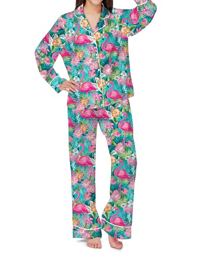 Image of SHESHOW Satin Pajamas Set for Women Set Long Sleeve Button Down Pjs Sets 2 Piece Loungewear Animal Sleepwear XS-XXL