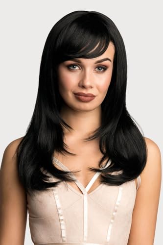 Perruque noire longue Corina coupe visage parfaite et frange épaisse