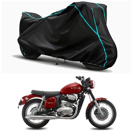 Image of Waterproof Bike Body Cover Compatible for | Jawa Forty Two Comet | Taffeta Fabric, Sky Piping Design, Bottom Elastic Fit | Dustproof, Sun UV & Rain Protection for All Weather.