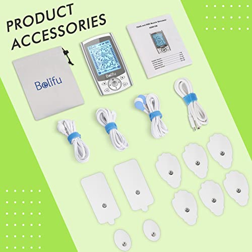 Belifu Dual Independent Channels Tens Ems Unit For Pain Relief, Tens Unit Muscle Stimulator With 24 Modes 20 Levels Intensity, Electric Pulse Massager Tens Massager With 10 Pads, Storage Bag #TOP6