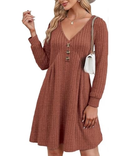 GRMLRPT DamenKleid Langarm V-Ausschnitt Pulloverkleid Elegant Knielang Herbstkleid Casual Kleid Herbst Winter A Linien Bequem Midikleid(Orange,M)
