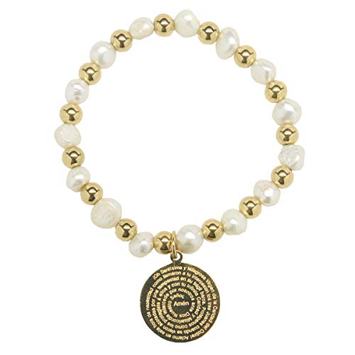 Virgen de la Caridad del Cobre Religious Catholic Bracelet with Stainless Steel Medal and Pearl Beads (SSBCOMPM-WG)3