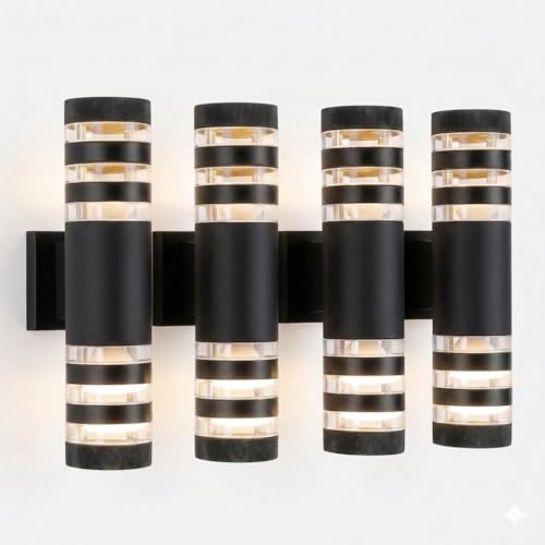 Image of 15 Inch 4 Pack Waterproof Aluminum Wall Sconce, Up Down Double Head Cylinder Lamp for Porch, Corridor and Patio