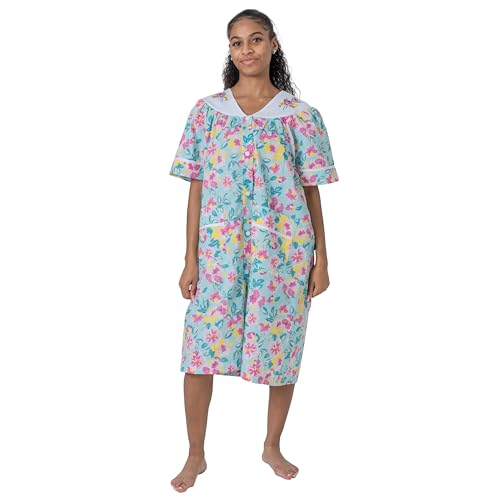 Image of Women's Short Sleeve Woven Snap-Front Closure Floral Embroidery Housecoat Duster Lounge Nightgown Robe with Front Pockets