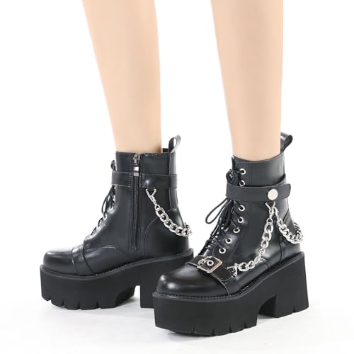 Women's Black Lace up Goth Platform Boots, Chunky Block Ankle Gothic Combat Boots, Cosplay Fashion Punk Boots Shoes2