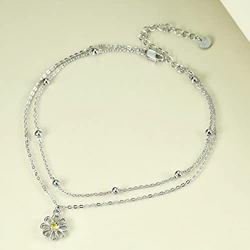 Image of POPLYKE 925 Sterling Silver Double Layered Chain Evil Eye Daisy Sunflower Butterfly Anklets for Women Holiday Beach Crystal Ankle Bracelet Dainty Evil Eye Jewelry