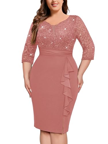 Image of MISSMAY Plus Size Lace Ruffle Cocktail Party Dress | Sequined Dress,V Neck,Ruffle Split Hem,Party Dress,Sparkle,Curvy Women,Bodycon Dress