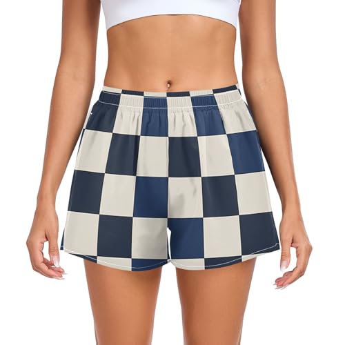 EtherSpher Blue and White Checkered Pattern Athletic Shorts for Women Ouick Dry Girls Basketball Shorts for Biking Lounging Jogging Beach Short deportivos para Mujer L