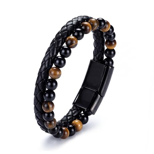 Image of RANKEEF Mens Leather Bracelet - Tiger Eye Mens Beaded Bracelets to My Man Pulseras Para Hombres Leather Beaded Bracelets for Men