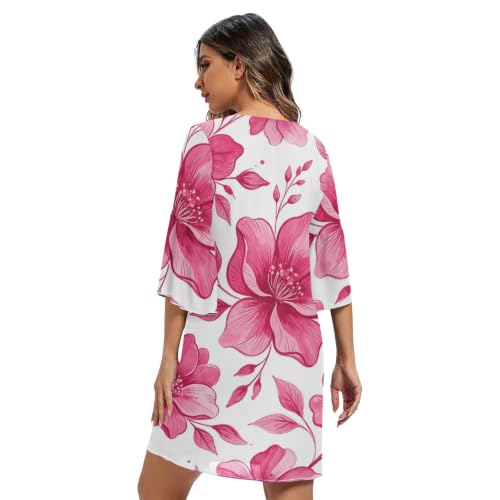 Robe courte en mousseline de soie col V et motif fleuri magenta d'exception