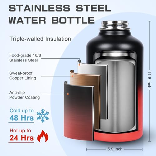 Image of GAZLEMHO 1 Gallon Water Bottle Insulated 128oz Stainless Steel Jug