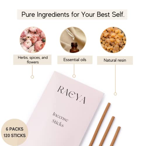 Raeya Incense Sticks, Set Of 6 Incenses (120 Sticks) For Air Cleansing - Lavender, Vanilla, Jasmine, Rose, Cedar And Lotus; 100% Natural Hand Rolled Incense Sticks Gift Set #TOP2
