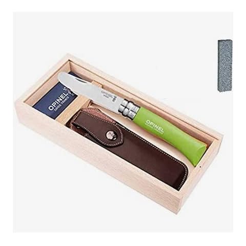 TOC STORE opinel Cuchillo para niños Set Color Verde Incluye Funda, Piedra de afilar y Caja de Madera de Regalo Cover