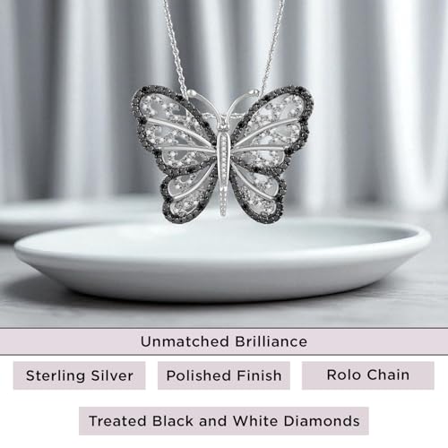 Jewelili Sterling Silver Butterfly Pendant Necklace for Women | 1/3 CTTW Natural White Round Diamonds or Treated Black and White Diamonds | 18" Rolo Chain | Luxury Jewelry Gift for Her | Gift Box Included2