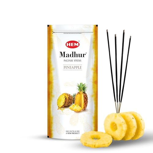 Image of HEM Madhur Pineapple Incense Sticks - Pack of 3 | Refreshing Tropical Aroma for Meditation & Home Fragrance | Long-Lasting Natural Fragrance | Convenient Zip Pouch | Approx 240 Stick | Burns 35-40 Min