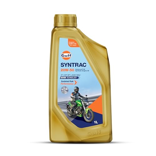 Image of Gulf SYNTRAC 20W-50 4T API SP, JASO MA2 | Ester Technology | 2 Wheeler Bike Advanced 100% Full-Synthetic Engine Oil [1 L] - Pack of 1