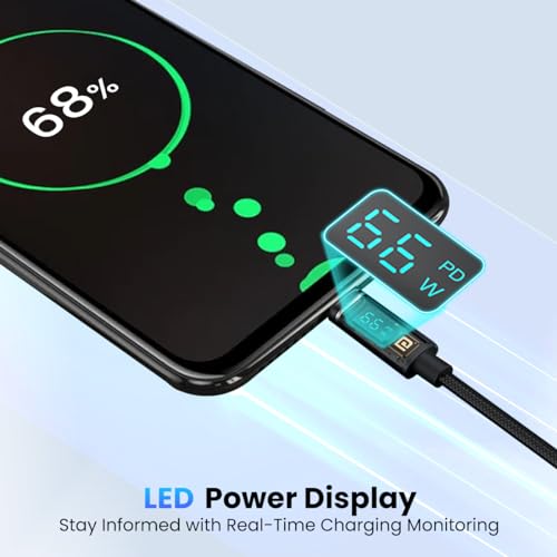 Image of Portronics Konnect View 66W Type C Cable with LED Display 6.5A Output, Nylon Braided, Fast Data Sync, 1.2M Length, Tangle Resistant(Black)