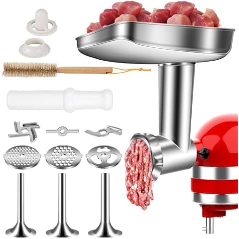 Metal Meat Grinder Attachment for Kitchen Aid Stand Mixer, Aikeec Meat Grinder Accessory for Kitchen Aid with 3 Sausage Stuffer, 3 Grinding Blades, 4 Grinding Plates (Machine/Mixer Not Included) Cover