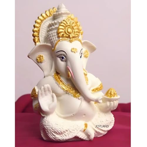 Image of JOY LAND Lord Ganesha Car Dashboard Idol | White & Gold Ganesh Murti for Car Dashboard, Home & Office Decor (White Gold)