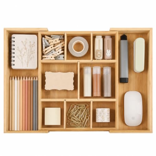 Bamboo Drawer Organizer Expandable Desk Storage Set, 10 Adjustable Compartment Junk Drawer Divider and Trays Containers for Kitchen Utensil, Office Supplies, Makeup, Jewelry & Cosmetics Organization