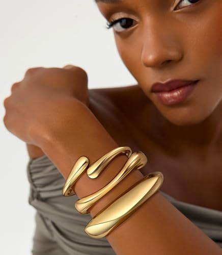 WAINIS 3Pcs Chunky Gold Bangle Bracelets for Women Trendy Wide Wrist Cuff Bracelets Stack Statement Bangle Fashion Jewelry Gift3