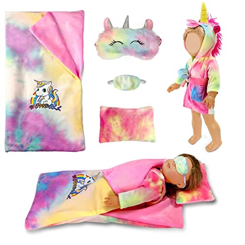 WONDOLL 18-inch Doll Clothes and Doll Sleeping Bag Set with Matching Sleepover Masks & Pillow