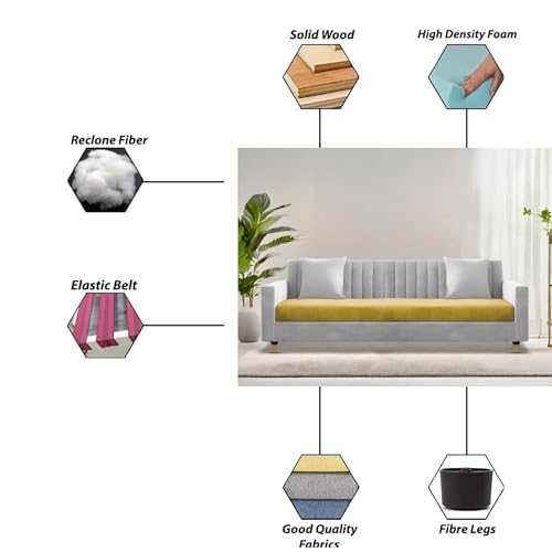 Image of Casaliving Garcia 3 Seater Sofa Set for Living Room (Yellow Grey Colour) Premium Fabric Sofa
