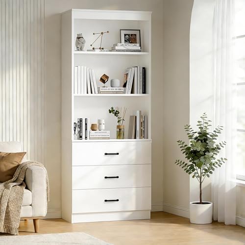 Image of 70 inch H Bookshelf with Drawers, Tall Bookcase with 3-Tier Open Shelves, Bookshelf and Bookcase with Storage Cabinet for Home Office,Living Room(White, 6-Tier)