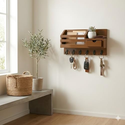 Image of Wooden Wall Mounted Key Holder with Hooks and Organizer Shelf Wall Rack for Letters Wallets and Accessories Home and Office Wall (Brown, Drawer Organizer - 35.5 x 9 x 23 cm)