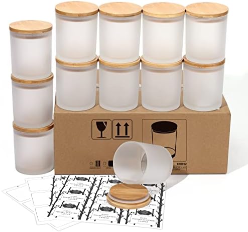 Aminigram 12 Pack, 12 OZ Frosted Candle Jars with Bamboo Lids, Empty Matte White Glass Candle Jars for Making Candles, Morden Kitchen Bathroom Small Things Container - Bonus 36 Sticky Labels