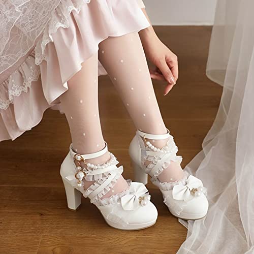Image of FOREADA Lolita Shoes Platform Mary Jane Heels Kawaii Bow Lace Pearl Pumps | Vintage kawaii lolita styling ideal for dresses, with bead, lace, bow, ankle strap, pink, white and classic black colors