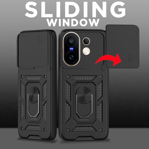 Image of Pikkme Back Cover for Vivo X200 Fe 5G | Sliding Camera Shield with Ring Stand | D10 Tough Armor Full Camera Protection Bumper Case (Black)