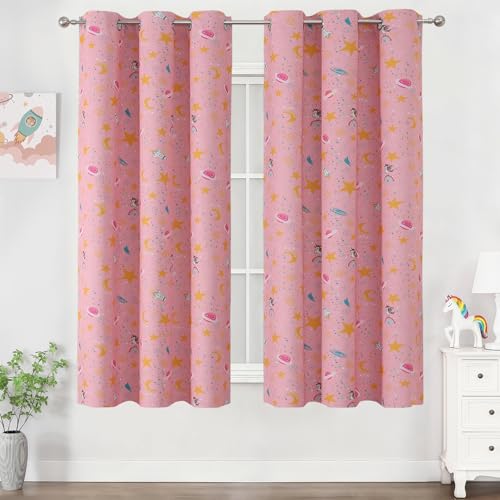 Image of Star & Moon Pattern Pink Blackout Curtains for Girls Bedroom 63 Inch Long | Estelar Textiler Cute Unicorn Theme Thermal Insulated Room Darkening Grommet Drapes for Kids Bedroom /Nursery,38Wx63L,2 Panels