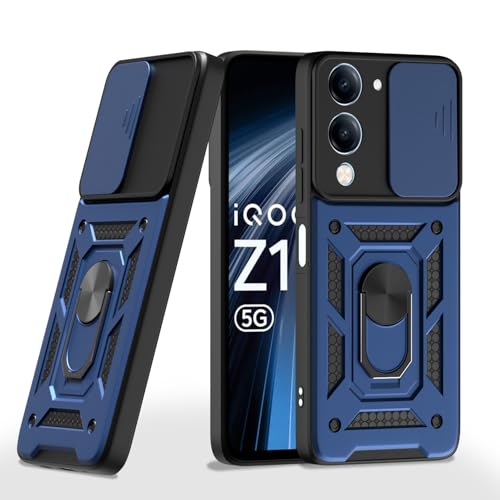 Image of Pikkme Back Cover for iQoo Z10 lite 5G / Vivo T4 lite 5G / Y19 5G / Y19e / Y04 4G / Y29s 5G | D10 Tough Armor | Sliding Camera Shield Cover & Ring Holder Stand Bumper Case (Blue)