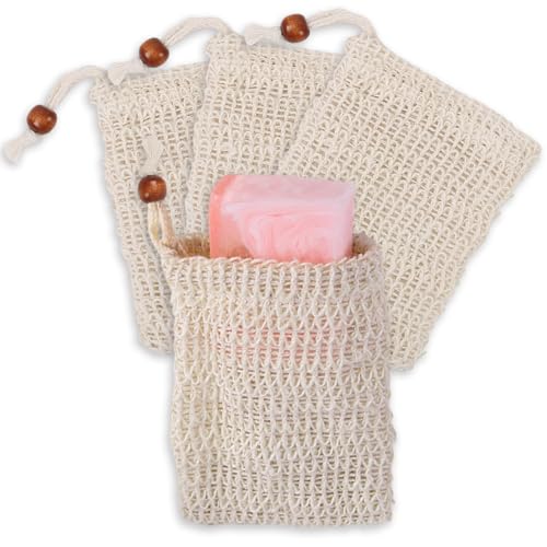 Yatrosynth 4 Stück Seifensäckchen, Kordelzug Massage Seifensack, Natürliches Sisal Seifenbeutel, Seifenbeutel Set Seife Mesh Tasche für festes Duschgel(Perlenbesetzter Stil)