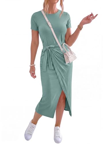 Image of NOLLSOM Women Casual Sleeveless Striped Tank Midi Dresses Halter Neck Ruched Bodycon Dresses Tie Waist T Shirt Summer Dress