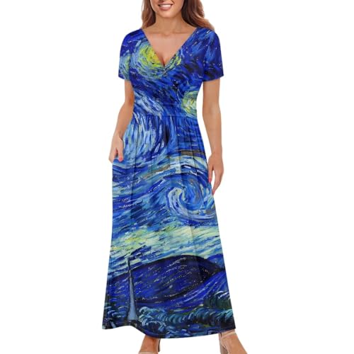 Image of Women's Fall Summer Short Sleeve Ankle Length V-Neck Party Dress with Pockets Size S-3XL